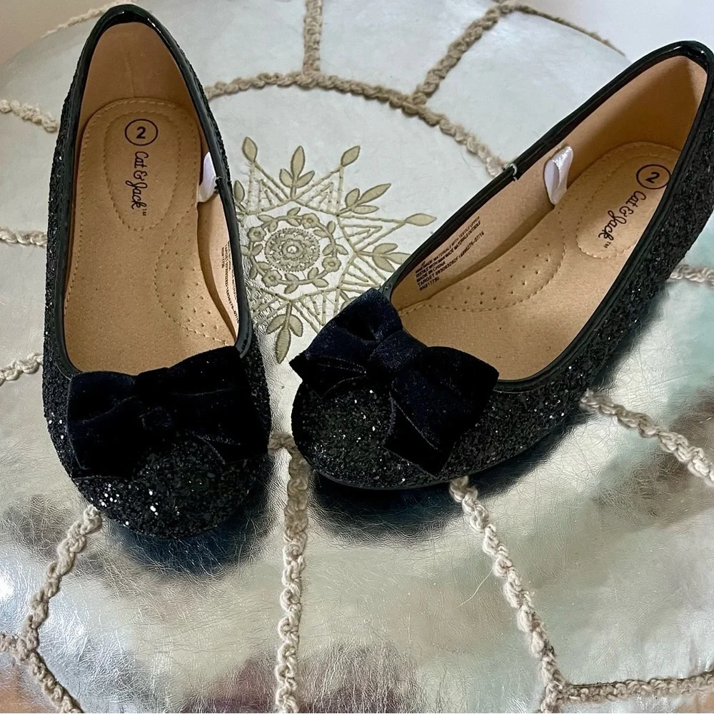 Cat & Jack black sparkling ballet flats with velvet bow